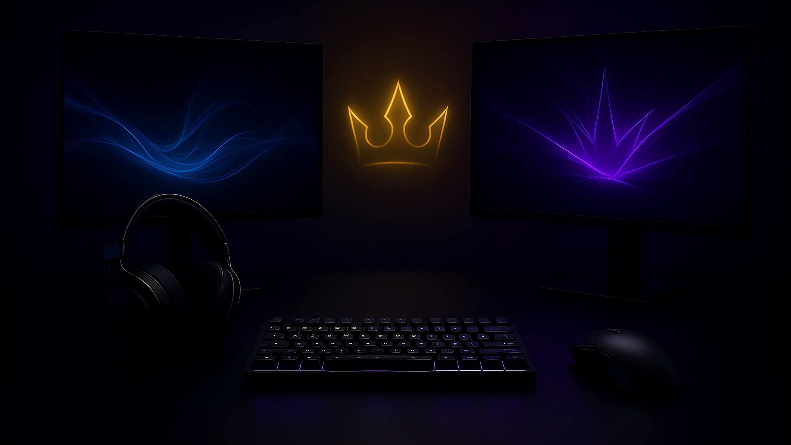 Dark room with computer setup featuring glowing screens and a crown symbol.
