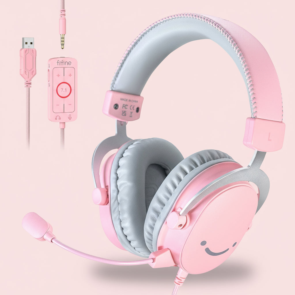 Pink and gray headphones with smiley face design on a white background