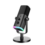 Black microphone with RGB lighting on a white background, featuring the fifine logo and Red Dot Award 2023 logo.